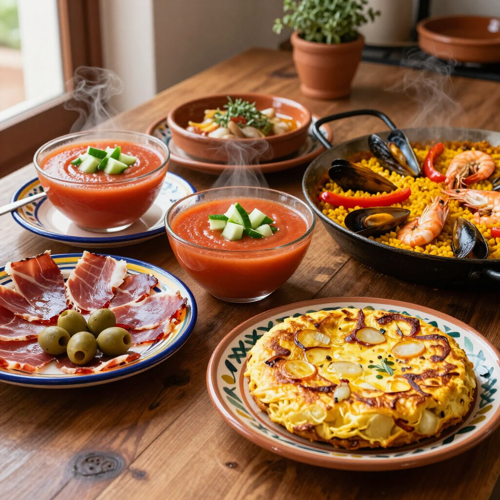 Tapas españolas dispuestas sobre una mesa de madera con sopa, aceitunas, embutidos, tortilla y una paellera de marisco.