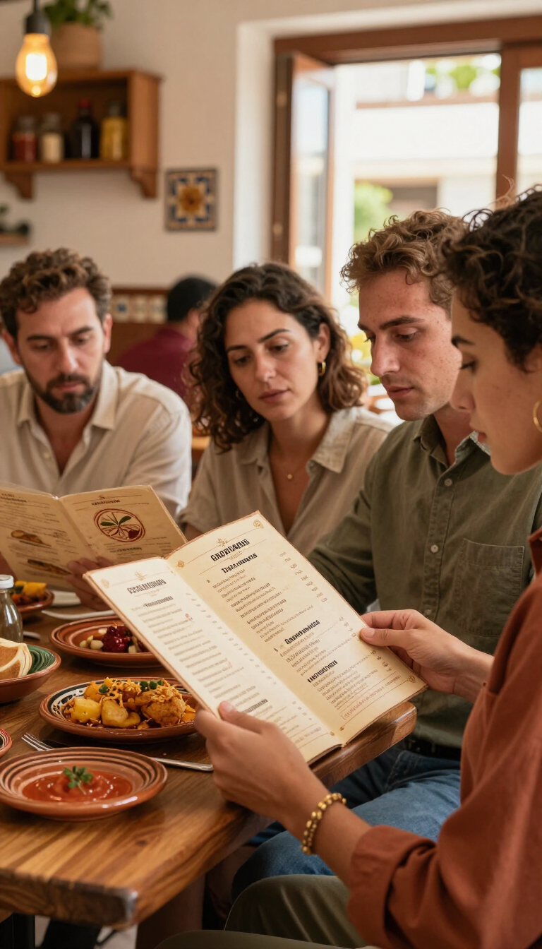 Personas sentadas a una mesa leyendo menús en un acogedor restaurante.