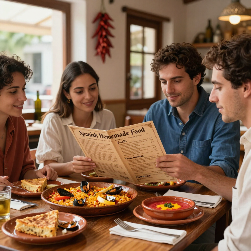 Amigos leyendo el menú en una acogedora mesa de restaurante con platos y bebidas para compartir.