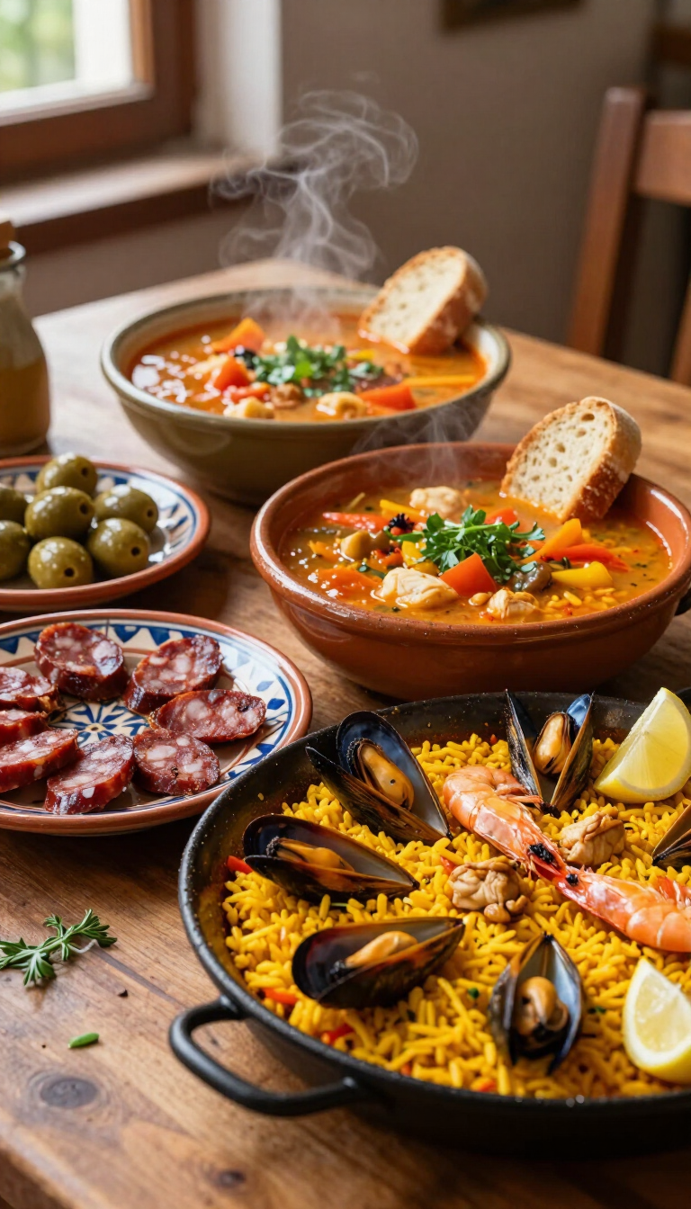 Variedad de tapas españolas sobre una mesa de madera, que incluyen paella, aceitunas y embutidos, acompañadas de rebanadas de pan.