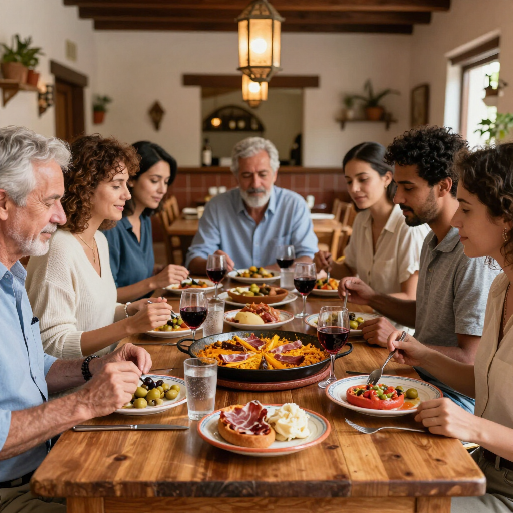 Varias personas se reunieron alrededor de una mesa de madera para compartir una comida en un cálido comedor.
