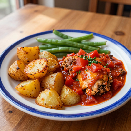 Patatas asadas, judías verdes y pollo en salsa de tomate en un plato blanco.