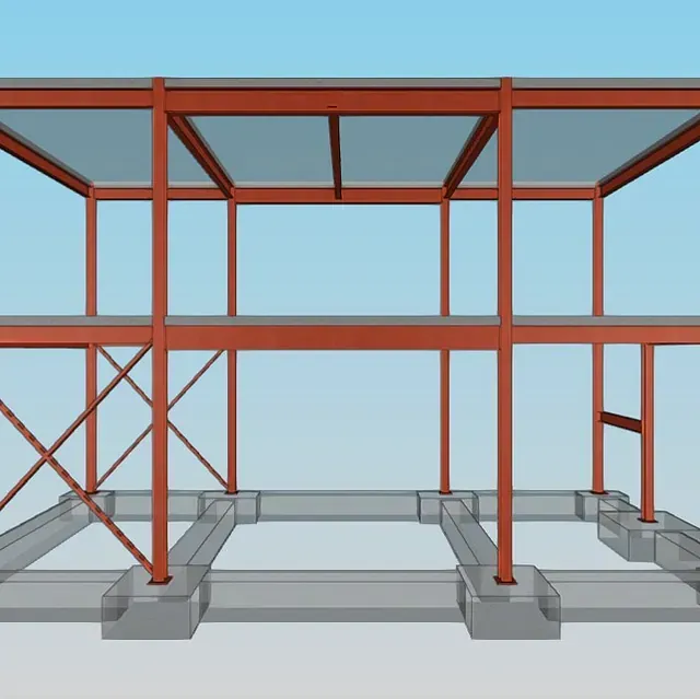 Un modelo 3D de un edificio con un cielo azul de fondo.