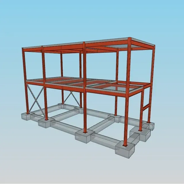 Un modelo 3D de un edificio con un cielo azul de fondo.