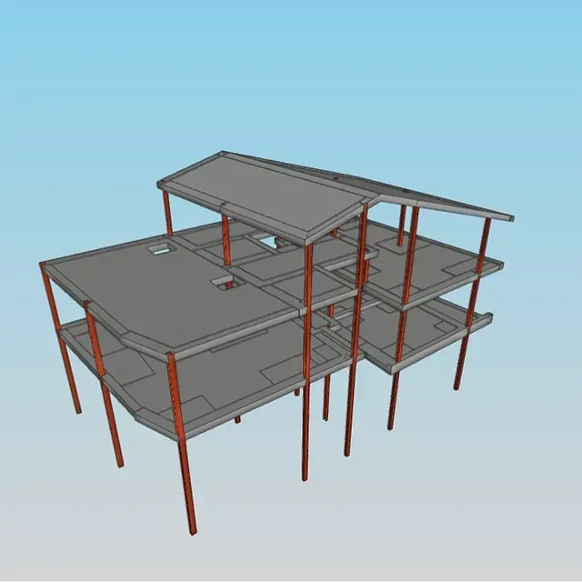 Un modelo 3D de un edificio con un cielo azul de fondo.