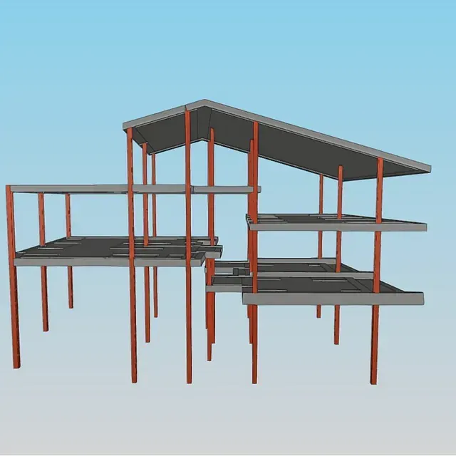 Un modelo 3D de un edificio con un cielo azul de fondo.