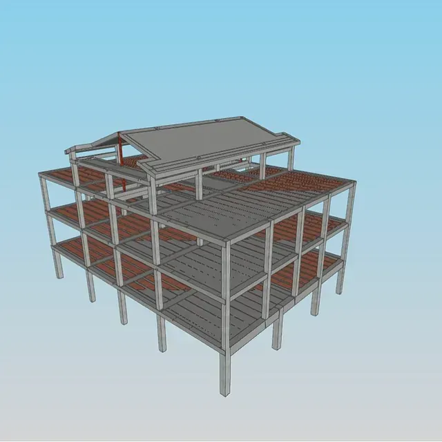 Un modelo 3D de un edificio con techo.