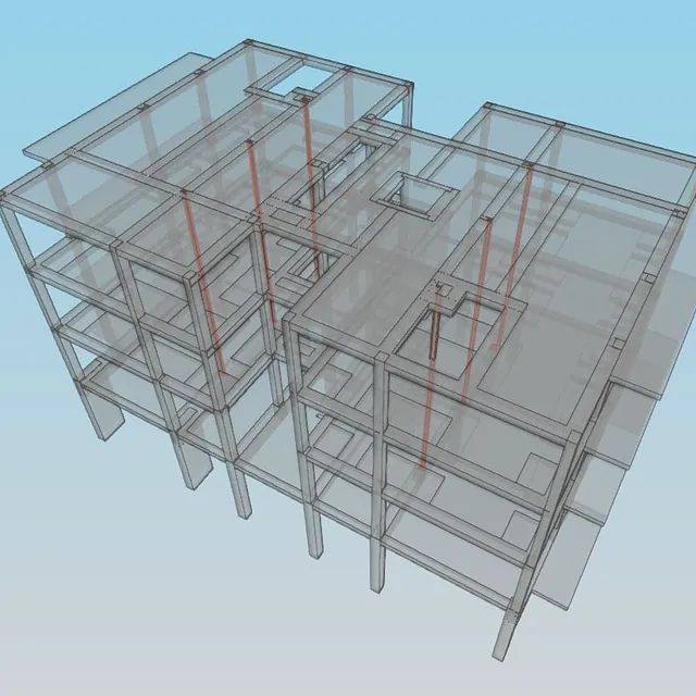 Un dibujo de un edificio con un cielo azul al fondo.