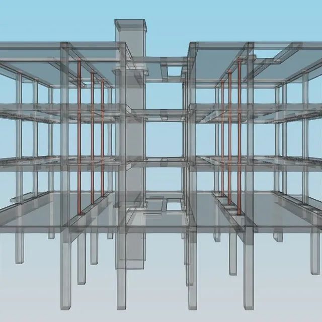 Un modelo 3D de un edificio con un cielo azul de fondo.