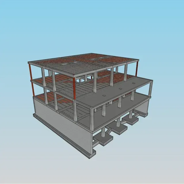 Un modelo 3D de un edificio con un cielo azul de fondo.