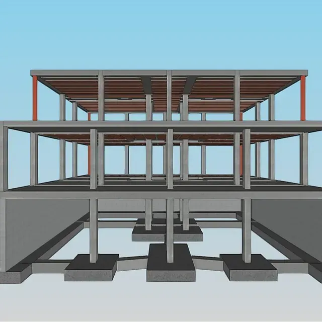 Un modelo 3D de un edificio con un cielo azul de fondo.