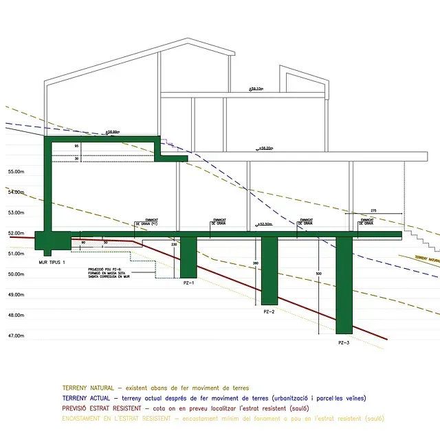 Un dibujo en blanco y negro de una casa con pendiente.