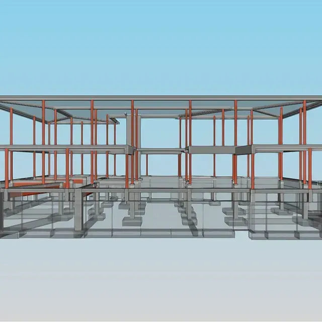 Un modelo 3D de un edificio con un cielo azul de fondo.