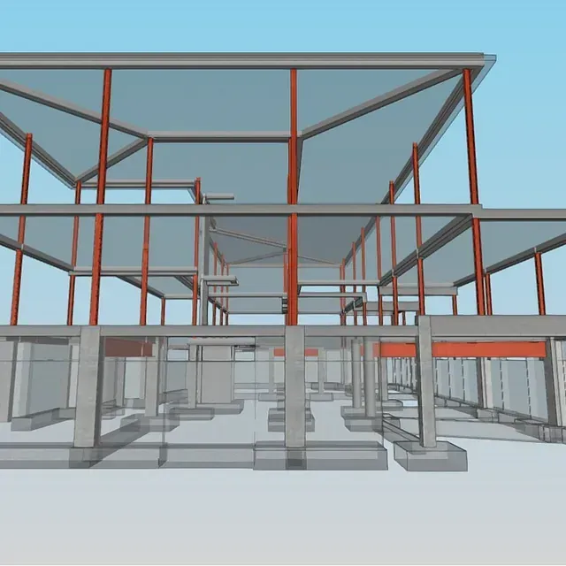 Un modelo 3D de un edificio con un cielo azul de fondo.