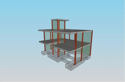 Un modelo 3D de un edificio con un cielo azul de fondo.