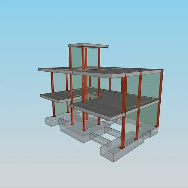 Un modelo 3D de un edificio con un cielo azul de fondo.