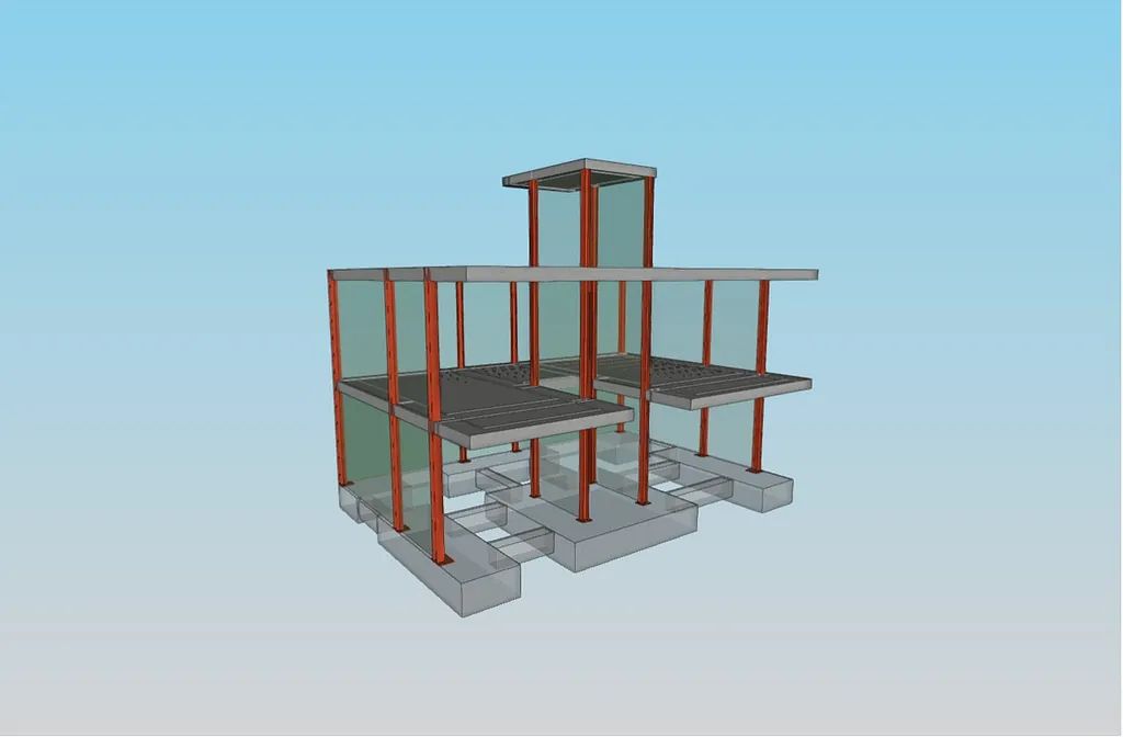 Un modelo 3D de un edificio con un cielo azul en el fondo.
