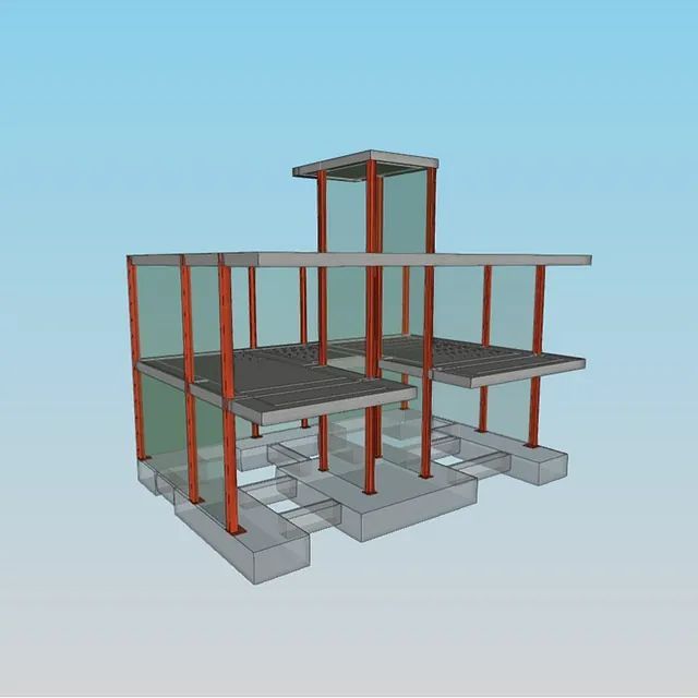 Un modelo 3D de un edificio con un cielo azul de fondo.