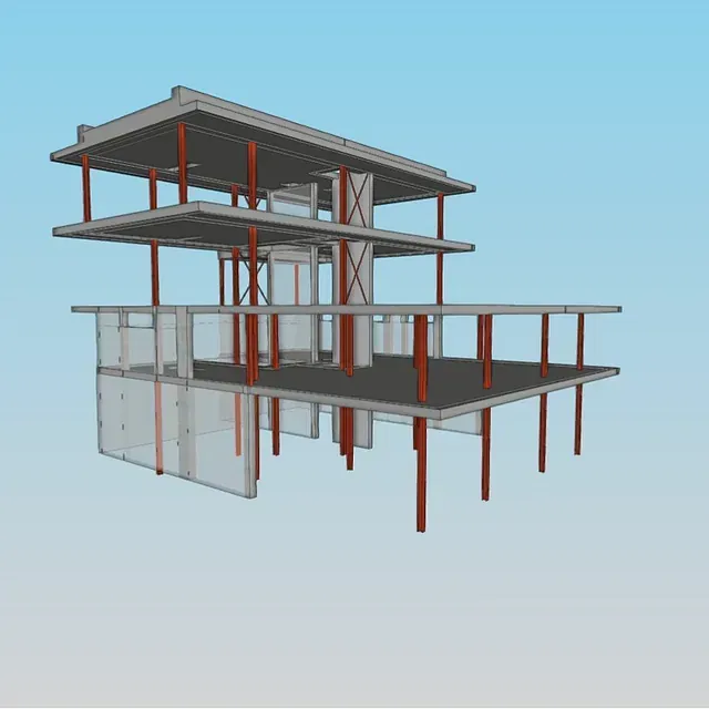 Un modelo 3D de un edificio con un cielo azul de fondo.