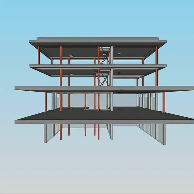 Un modelo 3D de un edificio con un cielo azul de fondo.