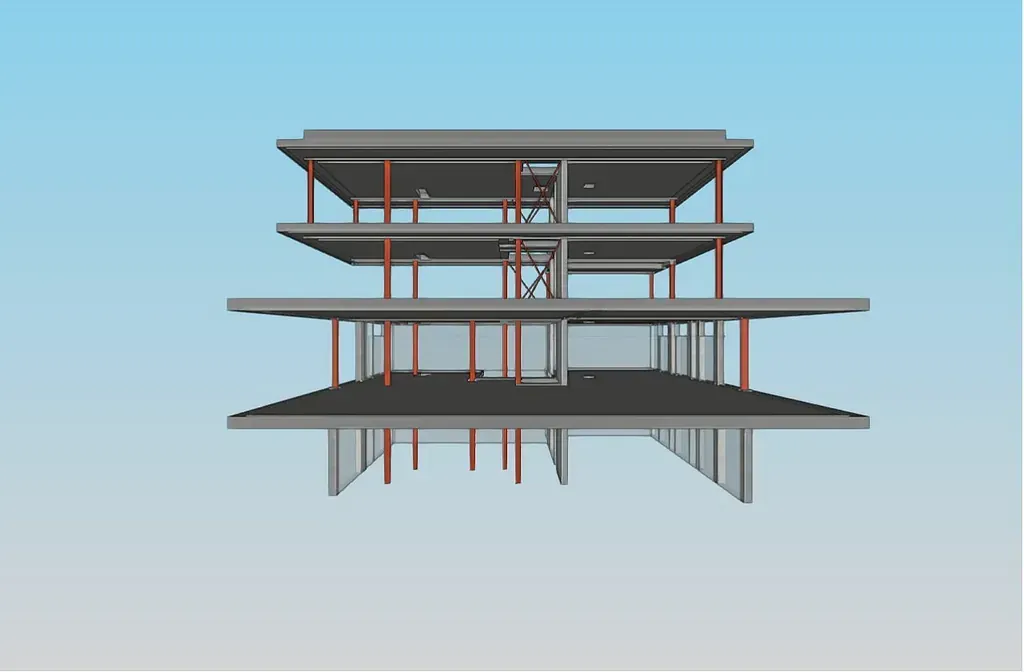 Un modelo 3D de un edificio con un cielo azul de fondo.