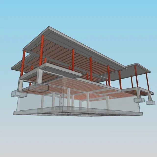 Un modelo 3D de un edificio con un cielo azul de fondo.