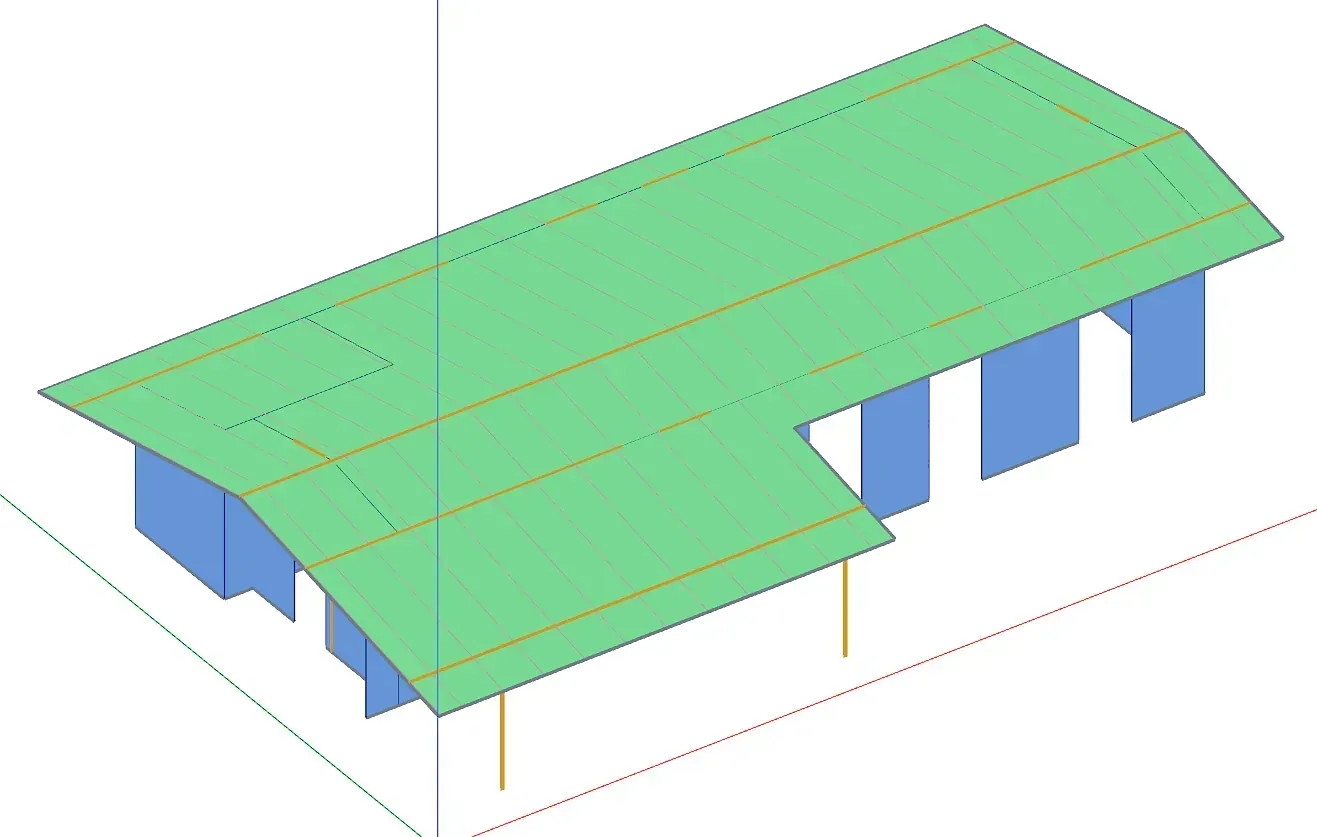 Un modelo 3D de un edificio con techo verde.