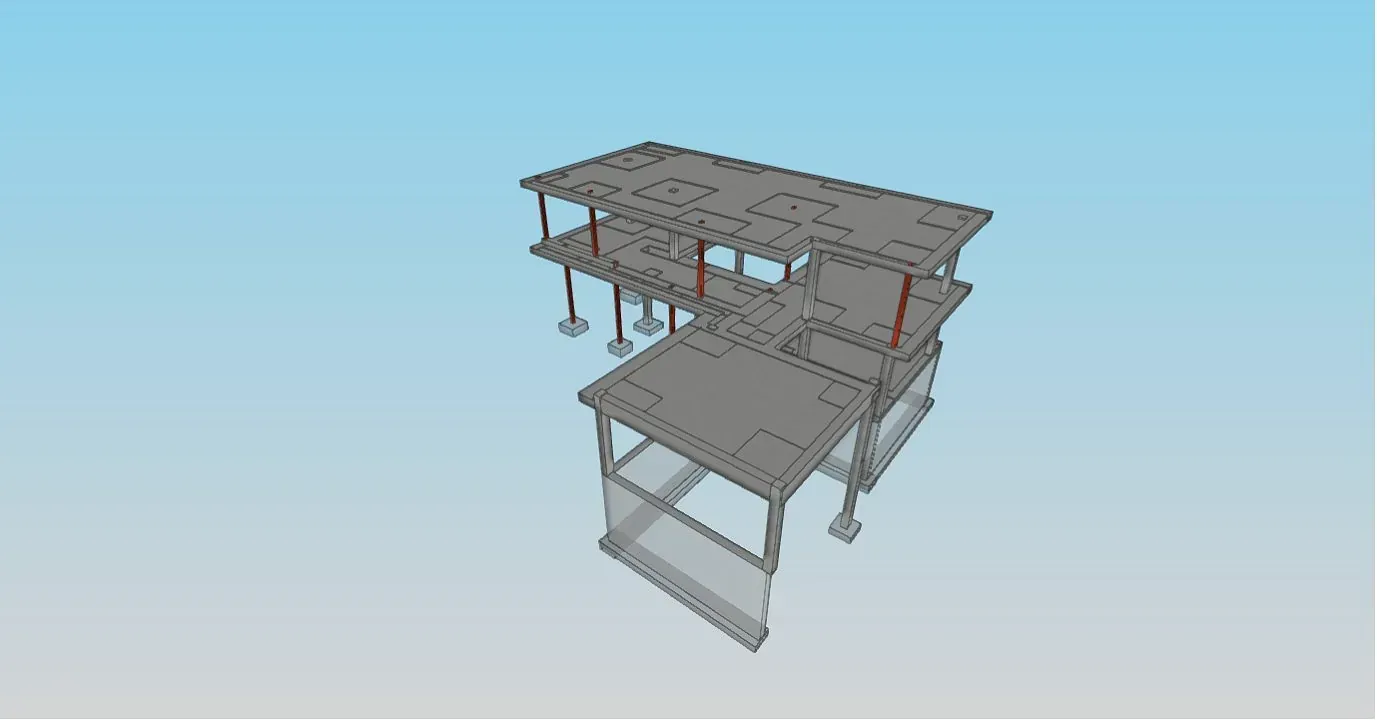 Un modelo 3D de un edificio con un cielo azul en el fondo.