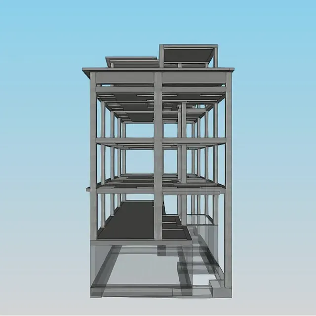 Un modelo 3D de un edificio con un cielo azul de fondo.