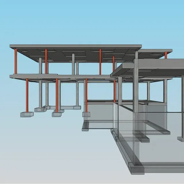 Un modelo 3D de un edificio con un cielo azul de fondo.