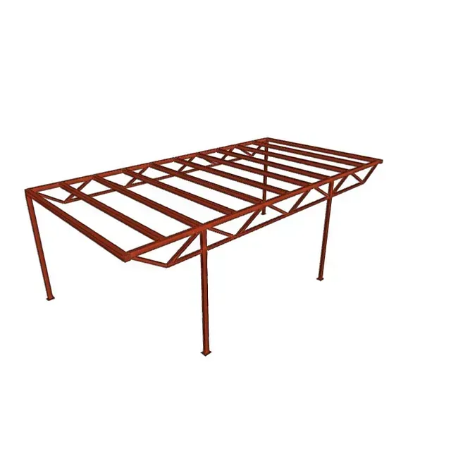 Una estructura de metal rojo con techo sobre un fondo blanco.
