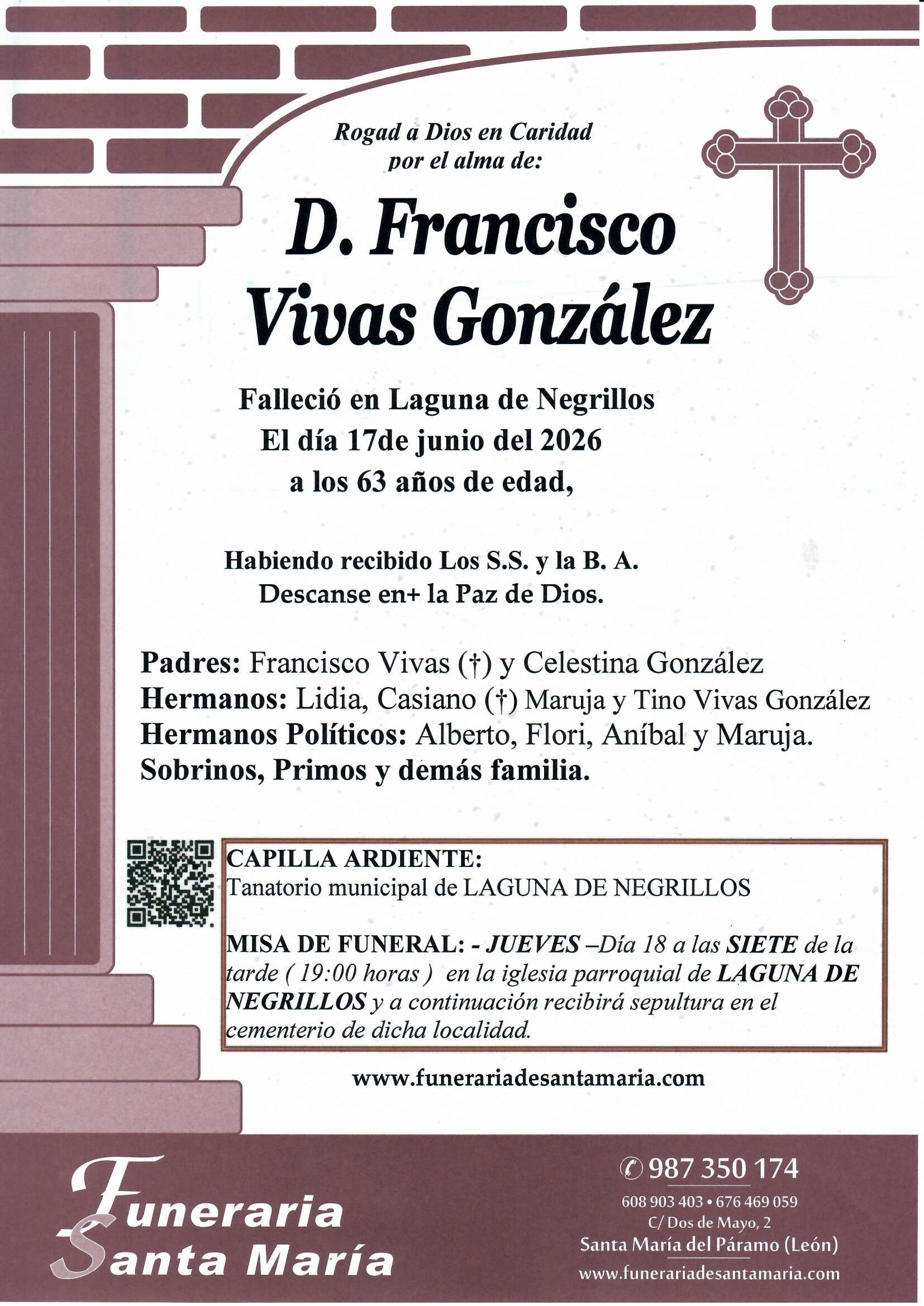 ESQUELA DE  D. FRANCISCO VIVAS GONZALEZ