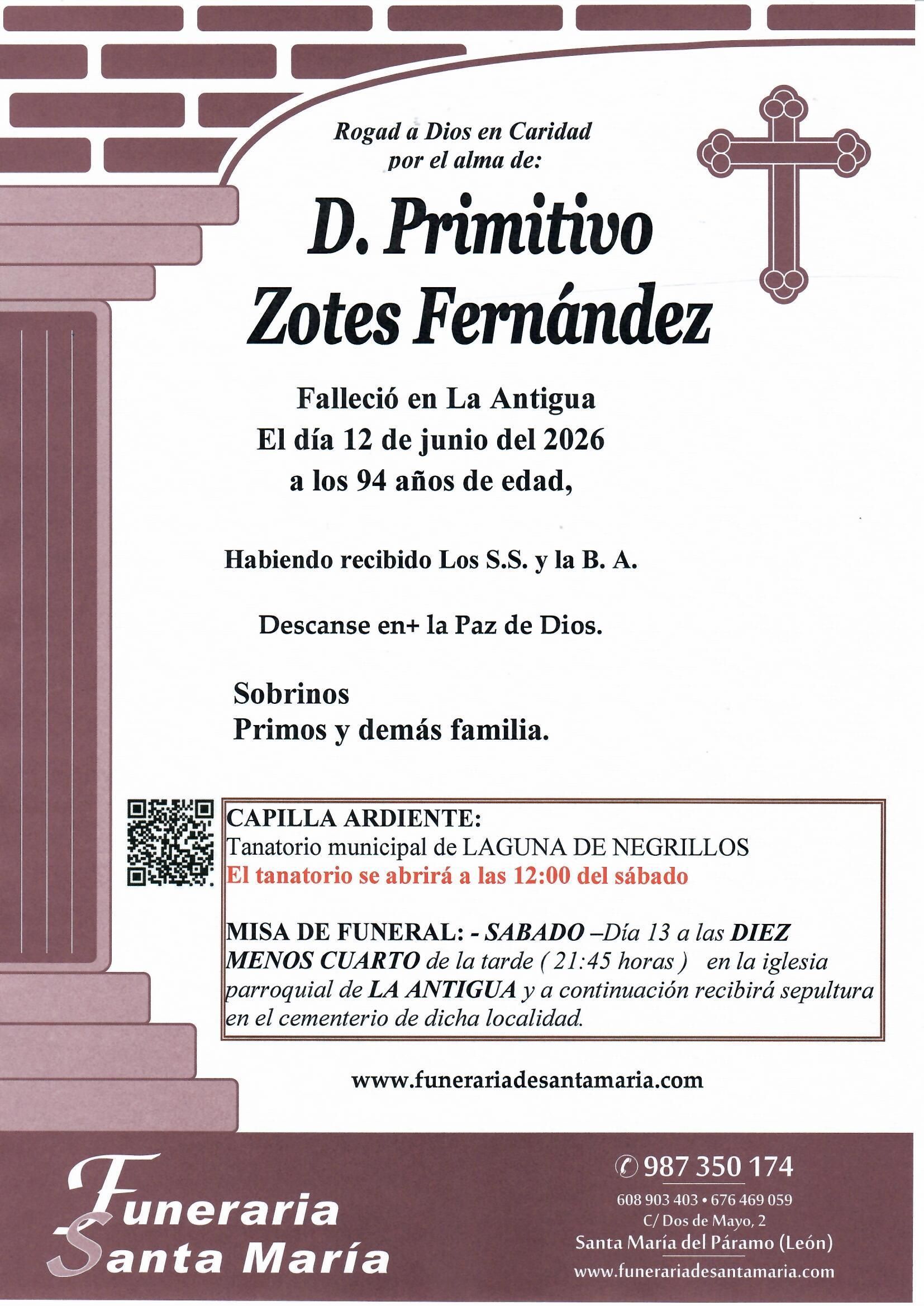 ESQUELA DE  D. PRIMITIVO ZOTES FERNÁNDEZ