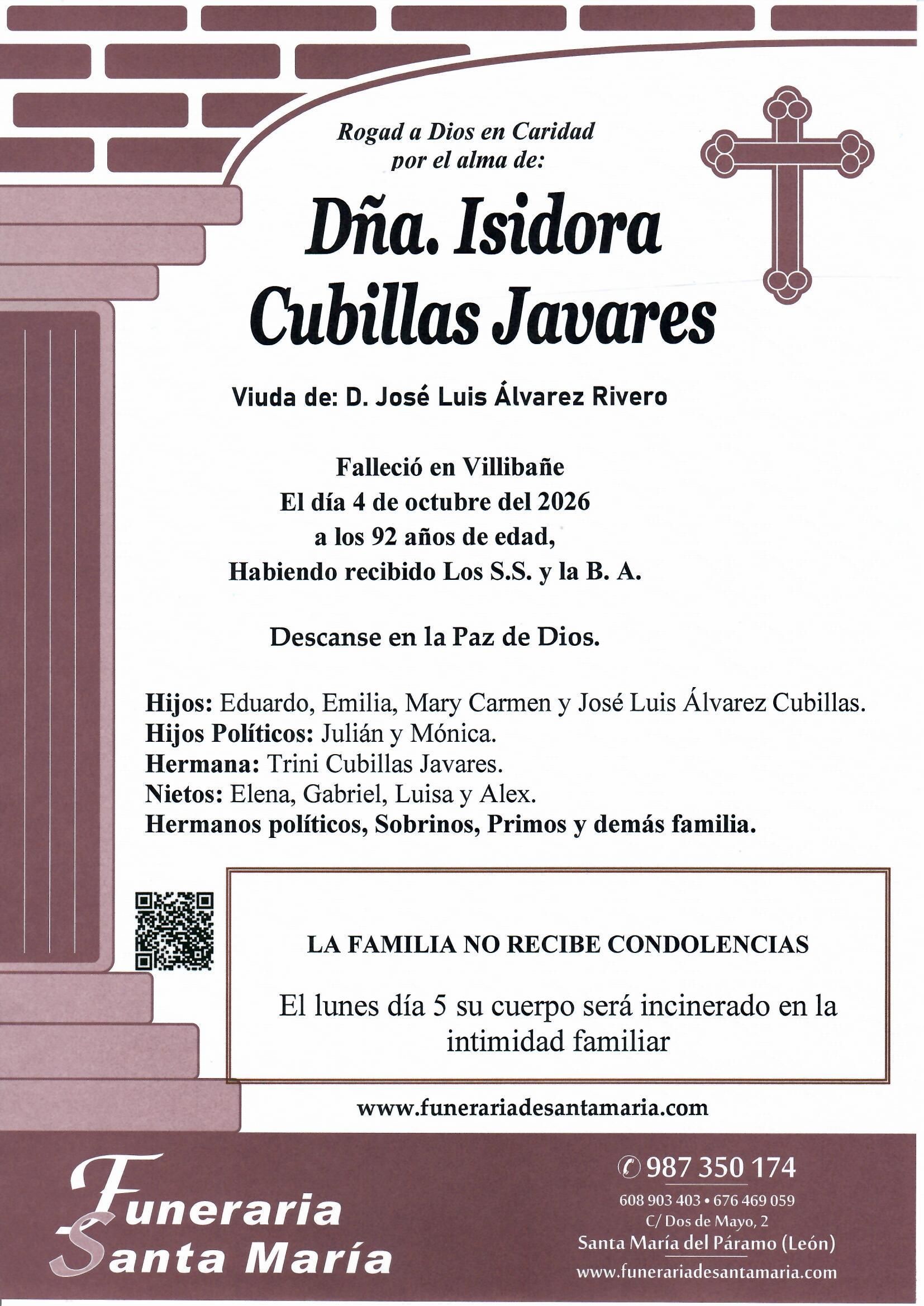 ESQUELA ISIDORA CUBILLAS JAVARES