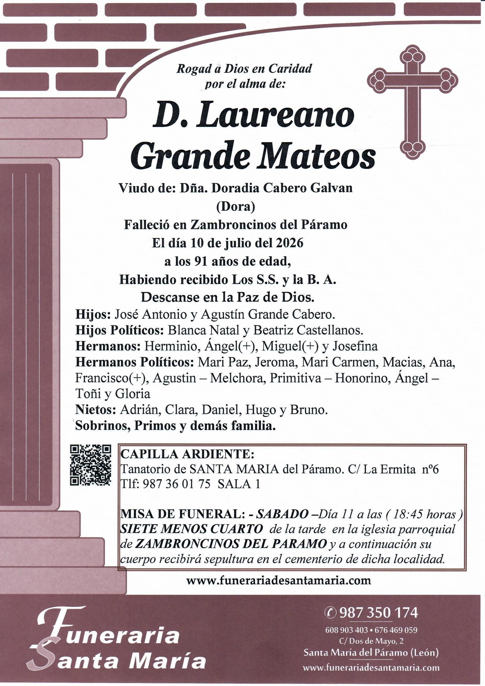 ESQUELA DE  D. LAUREANO GRANDE MATEOS