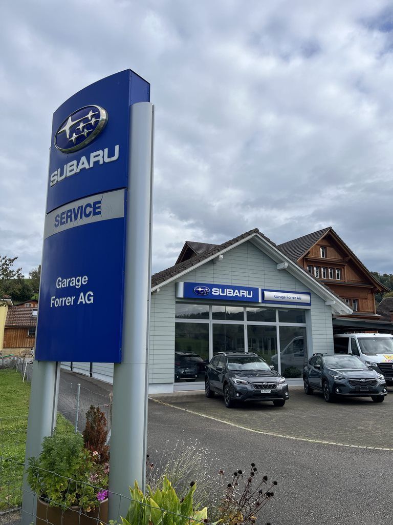 In einem Autohaus ist eine Reihe von Autos geparkt.