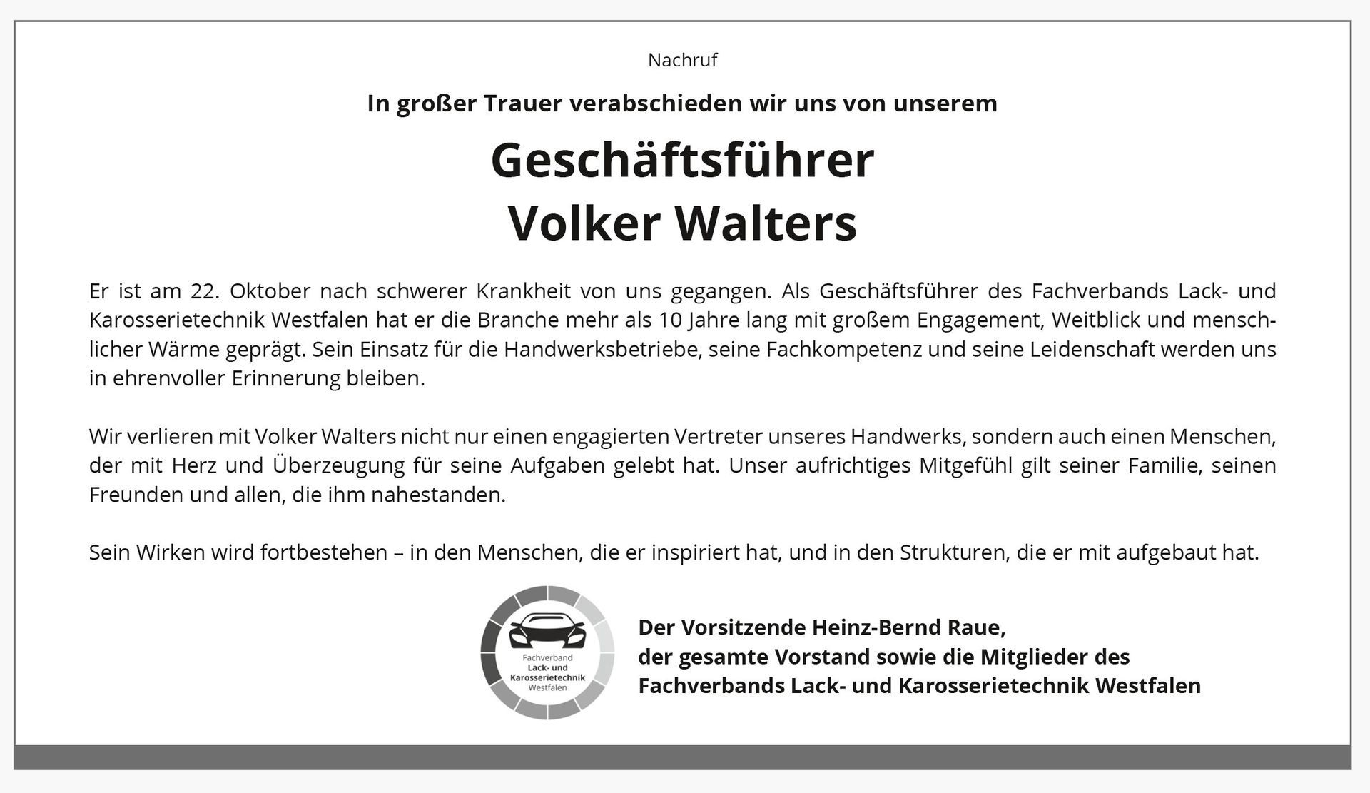 Nachruf: Geschäftsführer Volker Walters. Text auf weißem Hintergrund mit einem Autosymbol und einer Gedenkbotschaft.