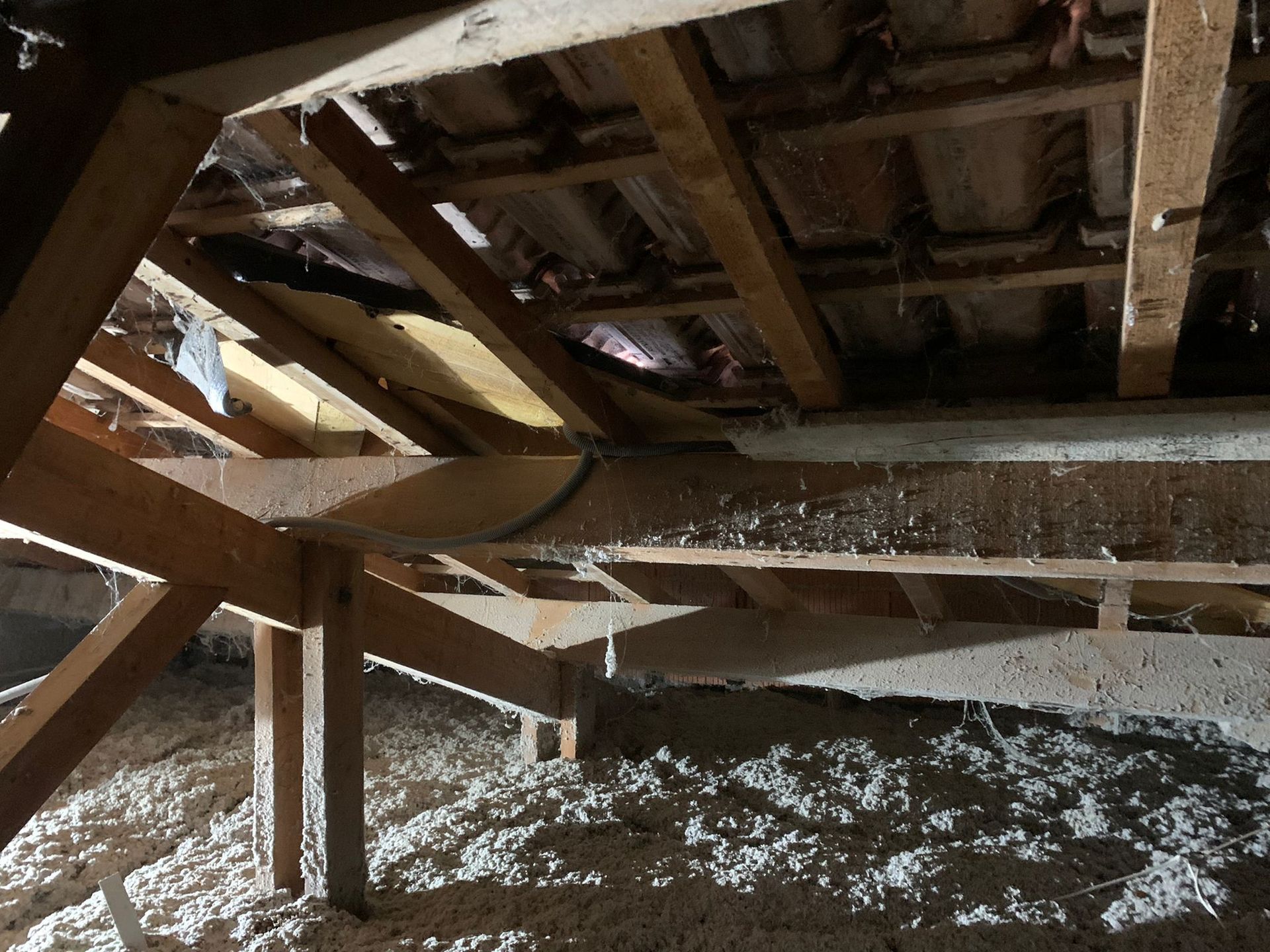 Charpente en bois des combles avec tuiles apparentes et isolation.