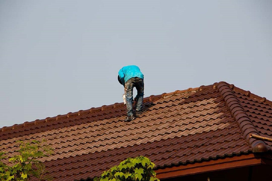 Une personne sur un toit de tuiles brunes, portant une chemise bleue.