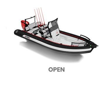 Un barco blanco y negro con cañas de pescar en él está abierto.