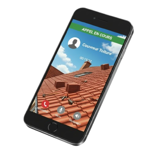 Écran de smartphone affichant un appel entrant sur fond de toit.