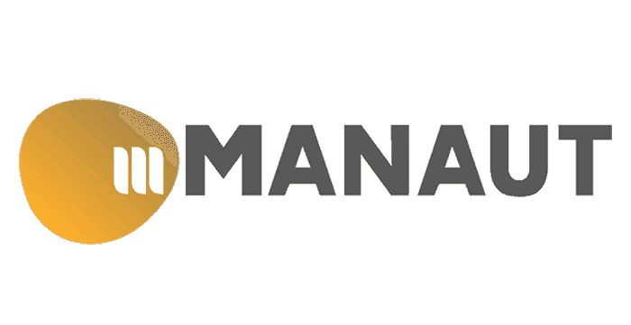El logotipo de Manaut es un círculo amarillo con la palabra Manaut en él.