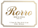Logotipo para tienda de beb&eacute;s y ni&ntilde;os "Rorro", con texto en letra cursiva dorada sobre fondo blanco, direcci&oacute;n Sevilla.