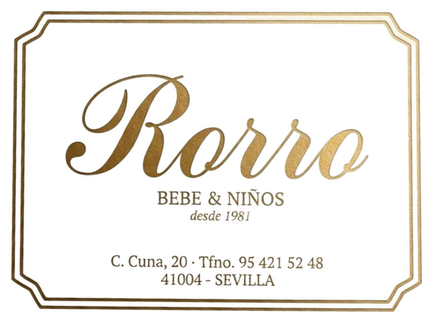 Logotipo para tienda de beb&eacute;s y ni&ntilde;os "Rorro", con texto en letra cursiva dorada sobre fondo blanco, direcci&oacute;n Sevilla.