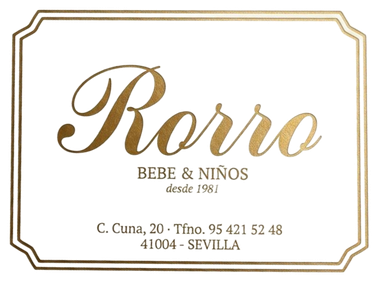 Logotipo para tienda de beb&eacute;s y ni&ntilde;os "Rorro", con texto en letra cursiva dorada sobre fondo blanco, direcci&oacute;n Sevilla.
