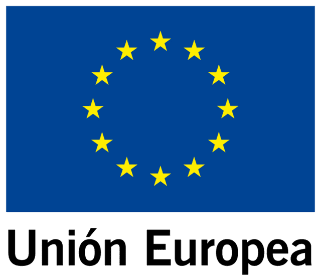 Bandera de la UE sobre las palabras “Unión Europea” en texto negro sobre fondo blanco.