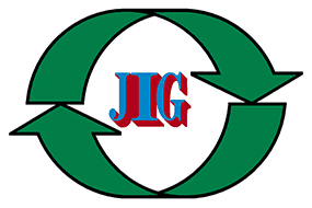 Flechas circulares verdes alrededor de las letras &ldquo;JLG&rdquo; rojas y azules sobre un fondo blanco.