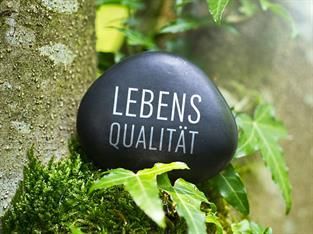 Neben einem Baum liegt ein schwarzer Stein mit der Aufschrift „Lebensqualität“.