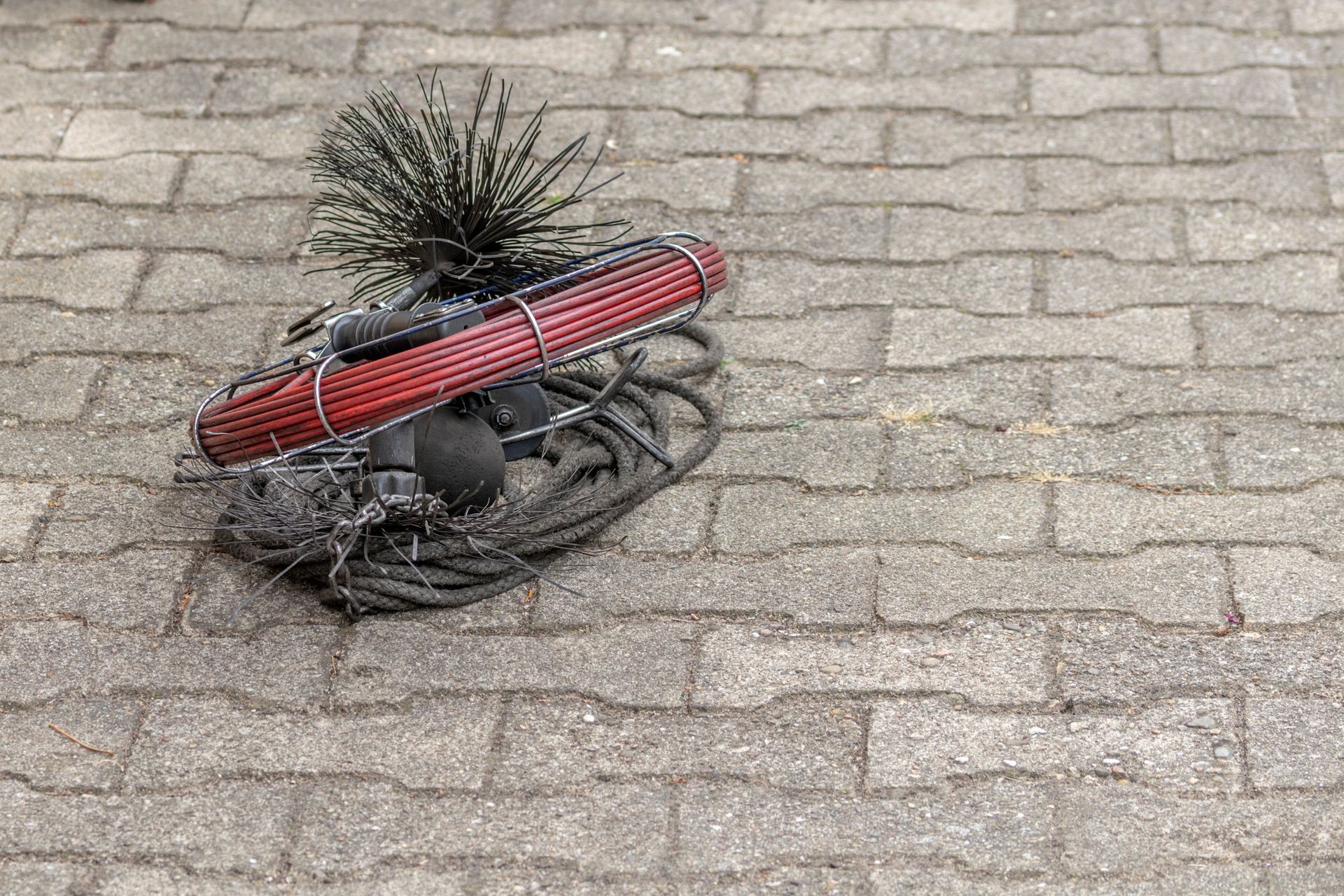 Une brosse de ramoneur à tête ronde en fil de fer et à cadre rouge repose sur un sol pavé de briques grises.