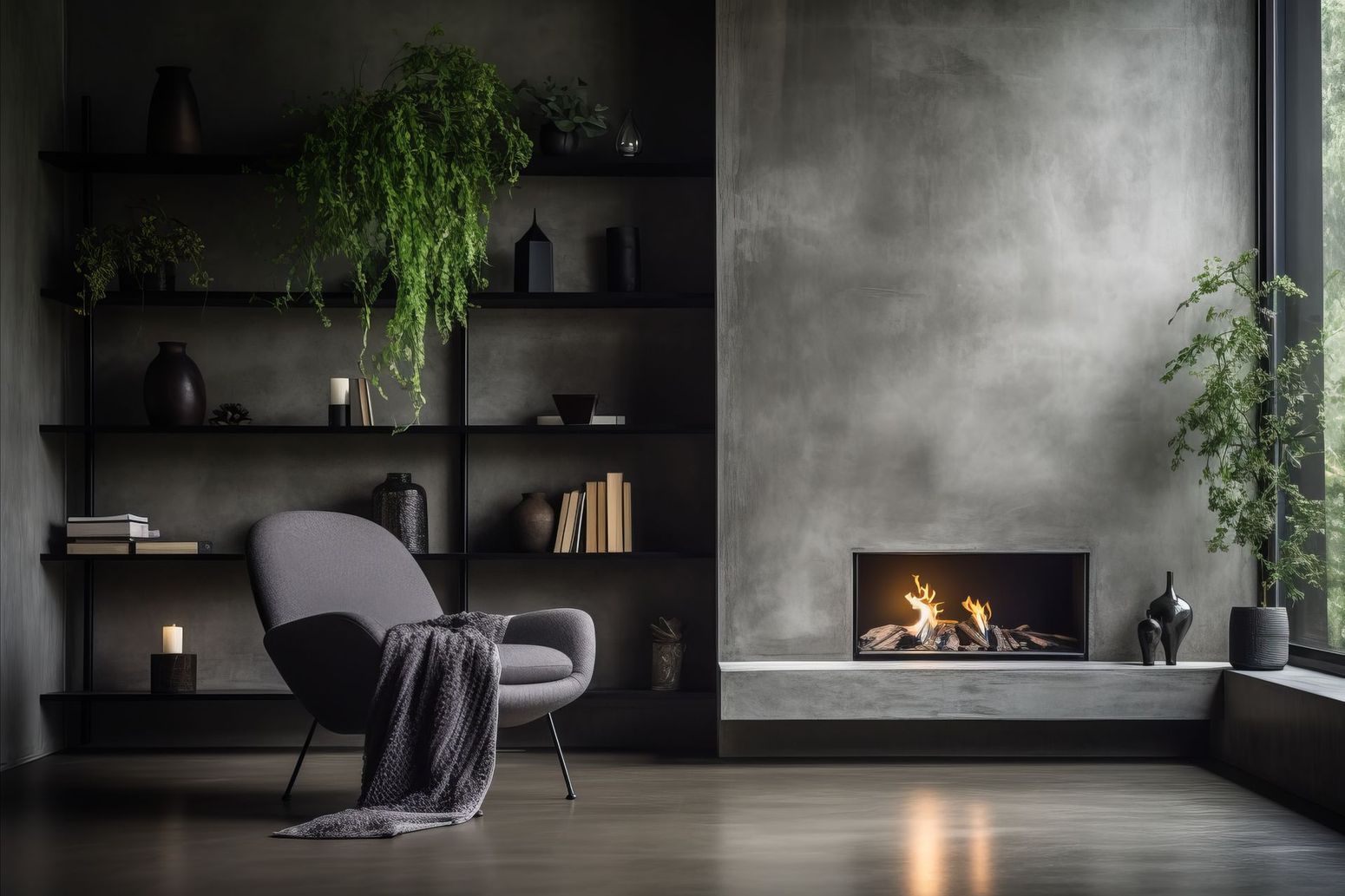 Un salon moderne avec une cheminée en béton, un fauteuil recouvert d'un plaid et une étagère sombre avec des plantes.